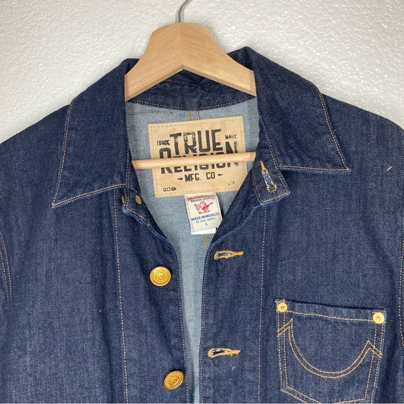 True Religion Denim Jacket Womens Large Button Up Collared Trucker Dark Wash - Picture 8 of 16